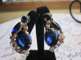 Vintage Earrings Jewelry Gold Tone Blue Glass Stamped Ballet