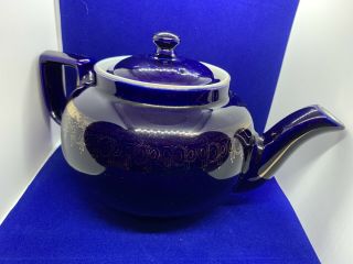 Vintage Hall Pottery Cobalt Blue With Gold Accents 8 Cup Tea Pot 03 Made In Usa