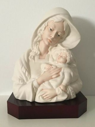 Capodimonte Bedin Statue Bust Madonna & Child Bisque Porcelain Signed Wood Base
