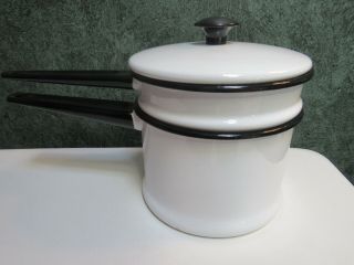 Vintage Enamelware Double Boiler Pot White Enamel Black Trim W Lid