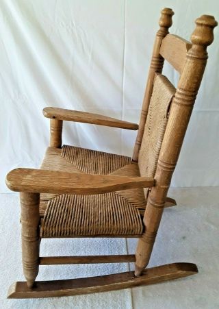 Vintage Antique Mid Century Solid Oak Woven Rope Big Child ' s Rocking Chair 2