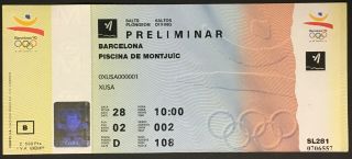 1992 Barcelona Summer Olympics Swimming Diving Ticket Piscina Montjuic Vintage