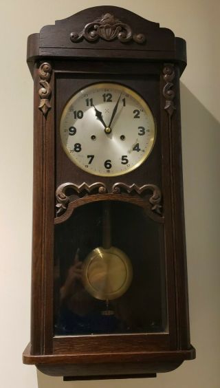 Antique 1920 Hac Hamburg American Clock Co Oak Deco Regulator Wall Clock Germany