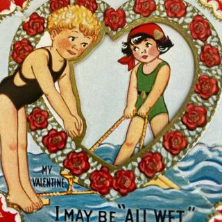 Vintage Valentine’s Day Greeting Card Cute Kids In Old Fashion Bathing Suits