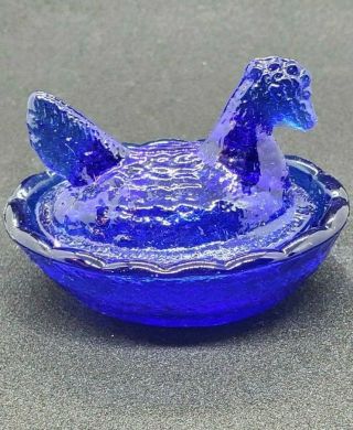 Miniature Hen On Nest Salt Cellar Vintage Cobalt Blue