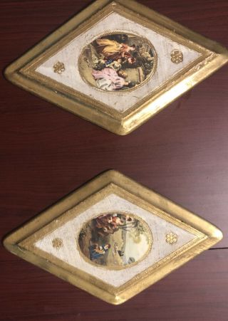 Vintage Gold Italian Florentine Wood Diamond Shaped Picture Plaques