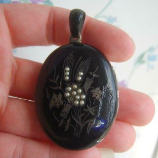 Antique Victorian Black Enamel & Seed Pearl Austro Hungarian Mourning Locket A/f