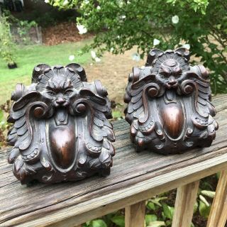 Antique Pair 19th Century Ornately Hand Carved Wooden Bookends