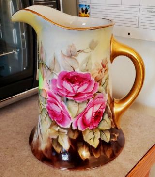 Antique Limoges Water Pitcher Hand Painted Roses Gold Trim 8 " William Guerin