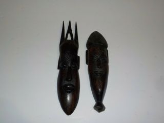 2 Mask Set African Hand Carved Wood With Ornaments Tribal Wall Hanging Vintage