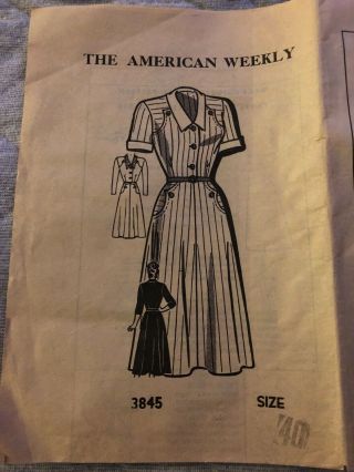 Vintage 1940’s “the American Weekly” Mail Order Sewing Pattern 3845 Size 40