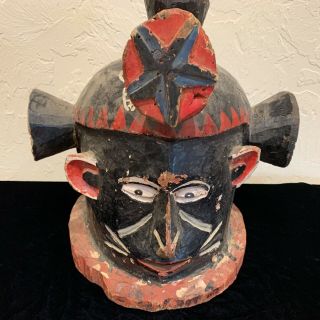 Antique African Art Hand Carved Wood Mask Painted Head Piece Red White Black 14”