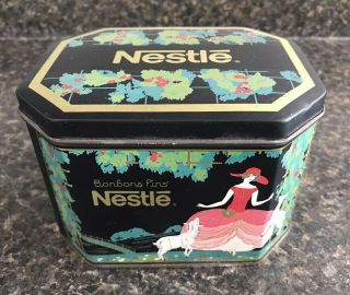 Vintage Nestle Bonbons Fins Tin W/ Hinged Lid Tin Box Co.  Of America