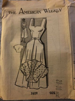 Vintage 1940’s “the American Weekly” Mail Order Sewing Pattern 3809,  Size 20