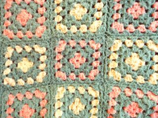 Afghan Hand Crochet Granny Squares BLANKET THROW Vtg 70 ' s Green Orange 42x88 3