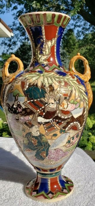 Antique 16 " Japanese Moriage Satsuma Detail Handpainted Vase No Damage