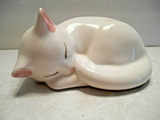Vintage Cute Ceramic Sleeping White Cat/kitten With Pink Ears Figurine