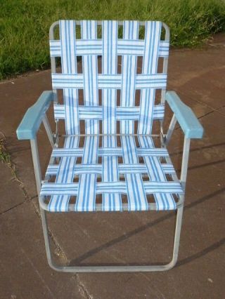 Vintage Retro Folding Webbed Lawn Chair White,  Blue,  Metal Frame,  Plastic Arms