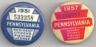 2 Vintage Pennsylvania Fishing License Buttons Resident Pins 1951 & 1957