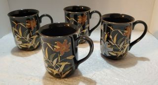 4 Vintage Otagiri Black And Gold Floral Made In Japan Mugs