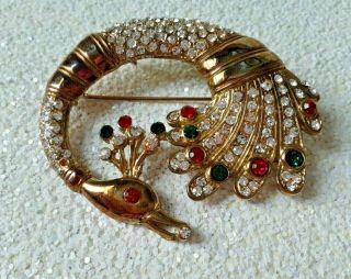 Vintage Peacock Unusual Shape Green Red Clear Rhinestone Gold Tone Metal Accents