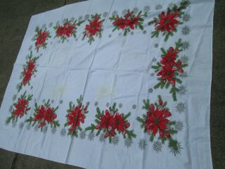 Vintage Christmas Tablecloth 60 X 70 Pointsetia,  Ornaments,  Stars