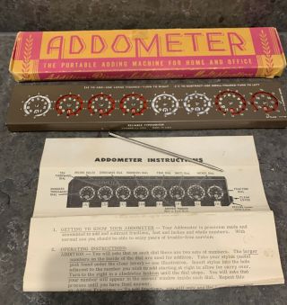 Addometer Vintage Portable Mechanical Adding Machine W/ Stylus Instructions Box
