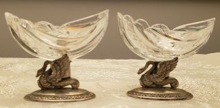Pair 19thc Antique Hallmarked German 800 Silver Open Salts Swans W/crystal Bowls