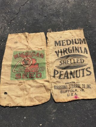 2 Vintage Burlap Feed Sack Bags,  100 Lbs,  Michigan Seed Virginia Peanuts