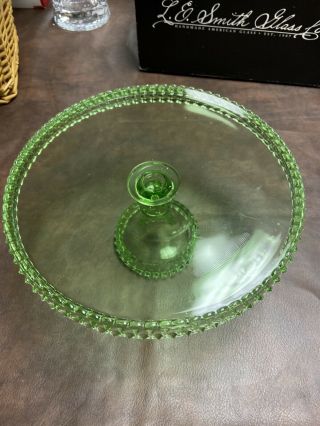 L.  E.  Smith Glass Co.  Green Glass Antique 11” Cake Stand 5” Tall