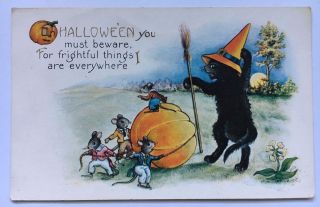 Vintage Halloween Embossed Greeting Postcard Whitney Made Black Cat Hat Mice