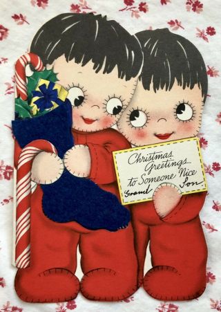 Vintage 1940s Die - Cut Christmas Card Cute Kids In Red Pajamas Felt Stocking