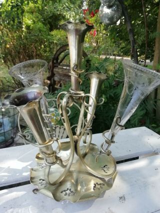 Antique Edwardian 5 Trumpet Epergne Table Centerpiece 2 Etched Glass Circa 1910