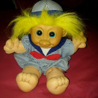 Vintage Russ Berrie Troll Plush Doll Blue Eyes Yellow Hair Sailor Suit 12 "