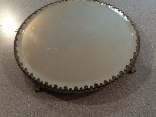Vintage Antique Round Beveled Footed Plateau Mirror Vanity Tray