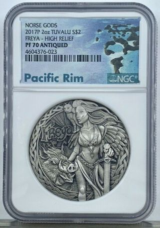 2017 Tuvalu $2 Norse Gods Freya 2 Oz Silver Ngc Pf 70 Antiqued High Relief