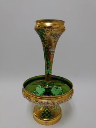 Antique Moser Art Nouveau Glass Enameled Victorian Green Epergne Vase