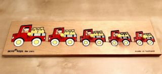 Vintage Wooden Toddler Peg Puzzle.  Trucks.  Sequencing.  Size.  Acre Brand Holland.