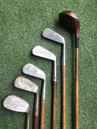 Antique Hickory Wood Shafted Golf Clubs (6) Brassie Mid Mashie