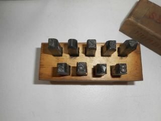 Vintage 1/4” 9 - Piece Steel Metal Punch Number Stamping Set Wood Box