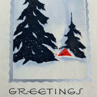 Vintage Mid Century Christmas Greeting Card Art Deco Tree House Scene In Snow