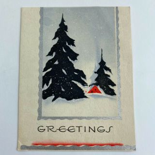 Vintage Mid Century Christmas Greeting Card Art Deco Tree House Scene In Snow 2