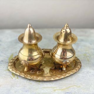 Vintage Solid Brass Salt And Pepper Shakers With Brass Serving Tray From India