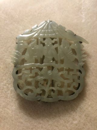 Large Antique Chinese Silver Carved White Jade Figurals Hair Clip Brooch Pendant