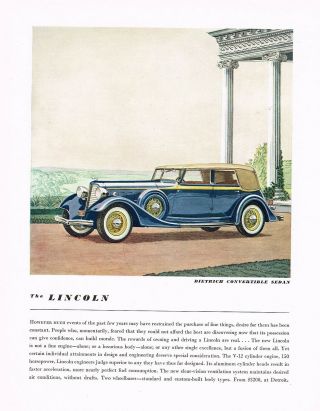 1934 Big Vintage Blue Lincoln Dietrich Convertible Sedan Motor Car Art Print Ad