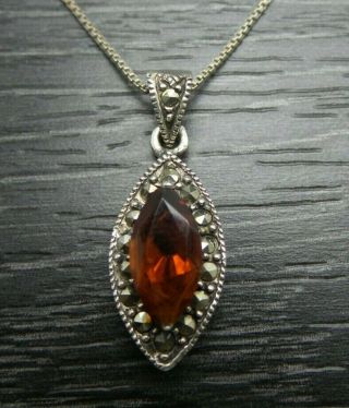 Vintage Sterling Silver Amber Teardrop Pendant Box Chain Necklace 19 Inches