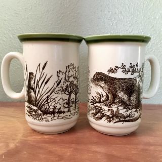 Set Of 2 Vtg Churchill England Coffee Tea Cups Mugs Country Otters 4 1/2 X 3“