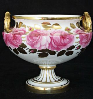 Antique Cauldon Porcelain Pedestal Vase / Rose Bowl,  Hand - Painted Roses,  C1910