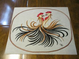 Vintage Rooster Crewel Embroidery Farm Picture Art Unframed 17 X 14