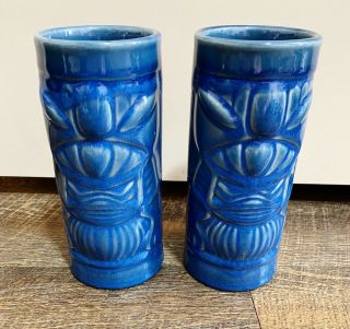 Vtg Set Of 2 Libbey Blue Glazed Hawaiian Tiki Mug Cocktail Tumbler Cup Vase 7″